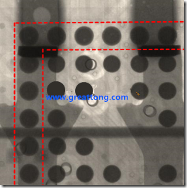 BGA錫球尺寸小于0.4mm，采用降低BGA內(nèi)圍襲球的錫膏量所得到X-Ray，稍微留意一下可以發(fā)現(xiàn)最外圈的錫量(圓的直徑)比其他內(nèi)圍的錫球上的錫量來(lái)得多一點(diǎn)點(diǎn)。也就是外圈的黑色圓形直徑比內(nèi)圈的圓形來(lái)得大一點(diǎn)點(diǎn)。