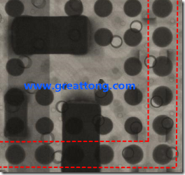 BGA錫球尺寸小于0.4mm，采用降低BGA內(nèi)圍襲球的錫膏量所得到X-Ray，稍微留意一下可以發(fā)現(xiàn)最外圈的錫量(圓的直徑)比其他內(nèi)圍的錫球上的錫量來(lái)得多一點(diǎn)點(diǎn)。也就是外圈的黑色圓形直徑比內(nèi)圈的圓形來(lái)得大一點(diǎn)點(diǎn)。