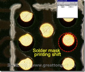 電路板BGA下面的防焊層印刷偏移，造成焊墊大小不一致。