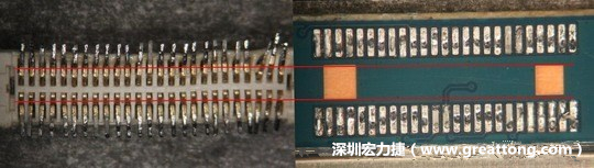 把板對(duì)板連接器與其電路板的佈線焊墊作一個(gè)比較，端子的切斷面有毛邊的地方剛好對(duì)到了裸銅區(qū)。