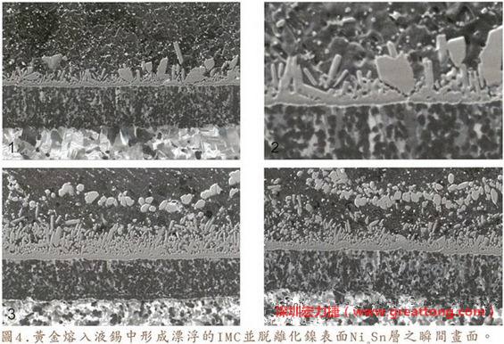 下面四張圖片為放大4500倍的SEM圖像，說明在回流焊爐熱量不足的情況下，黃金成份正要從鎳層分離融入焊錫之中的瞬間，當零件遭受外力沖擊的時候就極有可能從這一整排AuSn、、AuSn2或AuSn4的IMC處裂開。