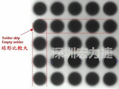 現(xiàn)在我畫幾條直線你再看看是否有發(fā)現(xiàn)那一顆BGA的錫球比較大，有空焊的可能？