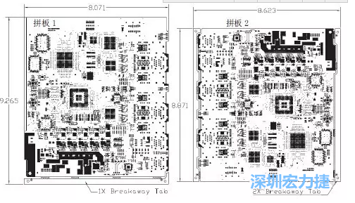 如圖7所示是使用不同數(shù)量邊條的拼板，拼板1僅使用了一個(gè)邊條，直接利用PCB另一邊作為SMT工藝傳送邊，并且PCB圖形中有合適的安裝孔；而拼板2則是按常規(guī)設(shè)計(jì)了兩個(gè)邊條。拼板方式為連接筋。圖中“Breakaway Tab”指邊條-深圳宏力捷