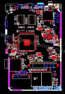 上圖是一個開發(fā)板的PCB，從布局中可以看出各個接口電路分離很明確，SDRAM和DDR以及SD卡接口電路等走線不會造成相互的干擾。-深圳宏力捷