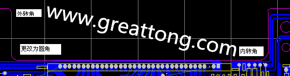 PCB設(shè)計時單面板的轉(zhuǎn)角都需為圓角，R1.0mm或R2.0mm為宜。