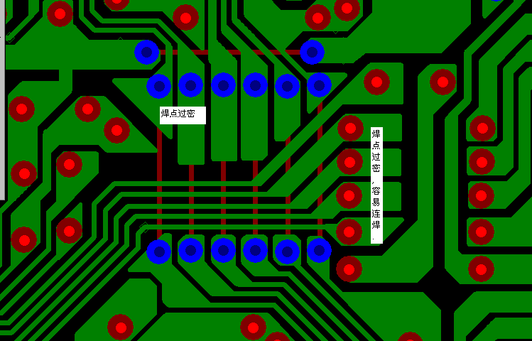 PCB設(shè)計(jì)焊點(diǎn)過密，易造成波峰連焊，焊點(diǎn)間漏電