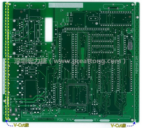 所謂【V-cut】是印刷電路板(PCB)廠商依據客戶的圖紙要求，事先在PCB的特定位置用轉盤刀具切割好的一條條分割線，其目的是為了方便后續(xù)SMT電路板組裝完成后的「分板(De-panel)」之用，因為其切割后的外型看起來就像個英文的【V】字型，因此得名。