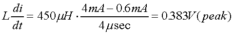 舉例來說，一個閘在"ON"而載有4mA的電流時，突然開關切到"OFF"且現(xiàn)在載有0.6mA的電流，假設開關時間為4msec，載有450mH的電感信號的導體，此時所產(chǎn)生的電壓突波為