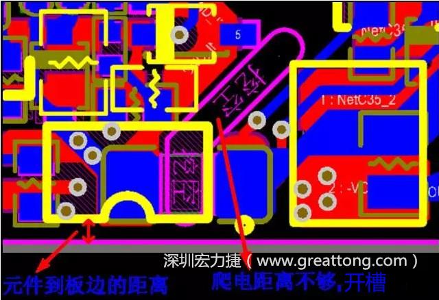 如果碰到模塊PCB空間有限，爬電距離不夠，可以采用開槽的方式