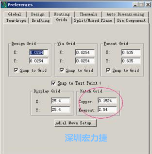  改銅皮的填充網(wǎng)格Global→Design Units，填充方向Drafting→Direction；Hatch Grid中Copper此數(shù)值為大銅箔中所填充的線條中心到中心的距離。