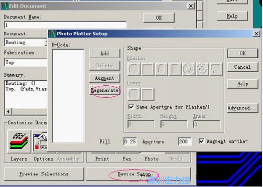 當(dāng)Gerber和鉆孔都設(shè)置完后，選擇一貼片元件較多的層（一般為Top層），點(diǎn)擊Device SetupPhoto，將 Plotter Setup窗口D-Code欄原有的D碼刪除并按Regenerate重新生成