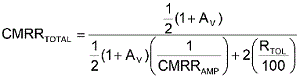 方程式1是從理想運算放大器的CMRR等式中匯出，其中CMRRAMP被假定為非常大(無窮大)。