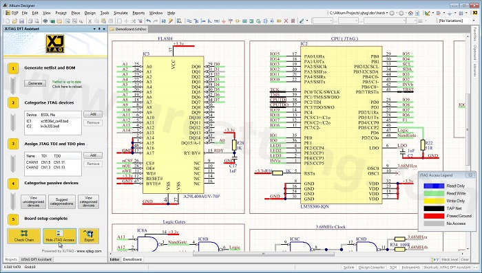 XJTAG DFT Assistant的Access Viewer模式可以清楚地顯示可用的測試存取層級，讓電路板設(shè)計人員在展開PCB布局以前的原理圖擷取階段盡可能地提高測試存取能力