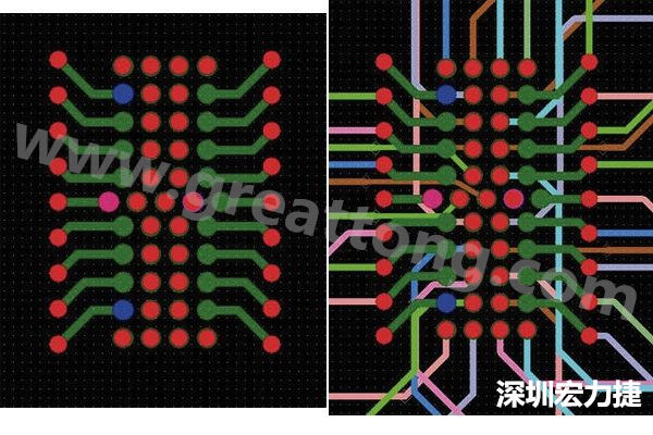 圖7：焊盤內(nèi)過孔用于內(nèi)部，而外部接腳在0.5mm閘格上扇出。圖7a顯示的是頂層(左)；圖7b顯示頂層和內(nèi)部布線層(右)。