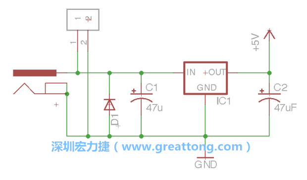 2.5.    新增一個二極體，它會以水平的狀態(tài)出現(xiàn)在屏幕上，請使用「旋轉(zhuǎn)（Rotate）」工具把它負(fù)極那一面朝上，并且用「網(wǎng)絡(luò)連接」工具將它連接在電壓調(diào)整器的輸入端和接地端之間。