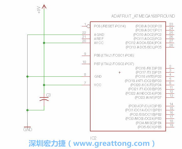 3.1.    新增微控制器晶片（RBBB → ATmega），把它放在電路原理圖的中央附近，把它的兩個(gè)接地接頭連接到接地訊號(hào)端。