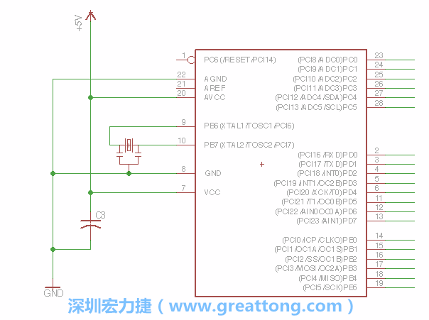 3.2.    在靠近ATmega的電源供應(yīng)針腳7的位置放置一個(gè)0.1μF的電容，將它分別連接電源、接地端和針腳7。