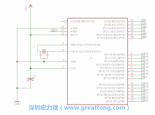 3.3.    將共鳴器（resonator）放置在針腳9和針腳10附近，將它的三個(gè)針腳連接如圖所示，并確認(rèn)最中間的針腳有連到接地端。