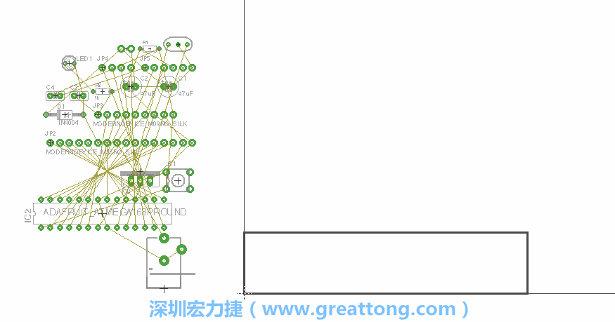 第一次執(zhí)行布線編輯器時，你會發(fā)現(xiàn)有兩個區(qū)塊，左邊的區(qū)塊非?；靵y，而右邊的區(qū)塊則是一個長方形的工作區(qū)域，EAGLE免費版會限制你的工作區(qū)域在4” x 3.2”的范圍內(nèi)，如果你試圖將元件擺放在工作區(qū)外的話，就會跳出警示訊息。