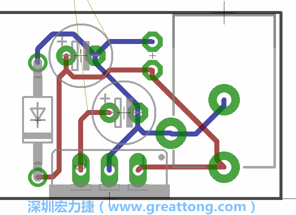 接地連結點的布線情形如下圖所示，利用這個練習來避免電路連線銳角化的產(chǎn)生是一個不錯的選擇，你可以在工具列中的彎曲線路（Wire Bend）選項里改變各種布線的變化。