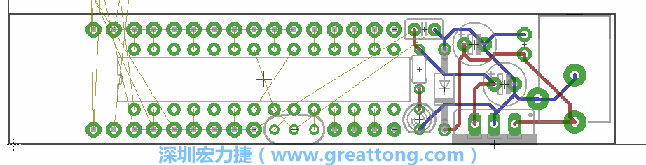 將ATmega微控制器、三個GPIO排針（JP2, JP3, JP4）和諧振器（resonator）排置如上圖所示。