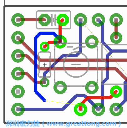 要在電路板正面進行+5V信號線連結和其他連結點的布線工作是非常容易的，而重置信號線（信號線用來連結電路板正面左邊的重置開關）需要經(jīng)過一個可以通過電路板正反兩面的電路通道，這個通道是一個可以讓電路板正反兩面線路連接的一個小孔。