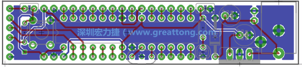第二篇文章則帶領(lǐng)你進行電路板上的布線、連結(jié)點的配置，并利用「設(shè)計規(guī)則檢查（Design Rule Check）」測試你的設(shè)計，第二篇文章的電路板設(shè)計圖將如下所示：