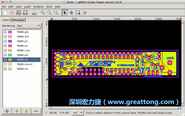 將圖層匯入你的Gerber預覽工具內(nèi)（下圖為Gerbv），我通常會從上到下重新排列它們的順序，好讓我比較好校對：