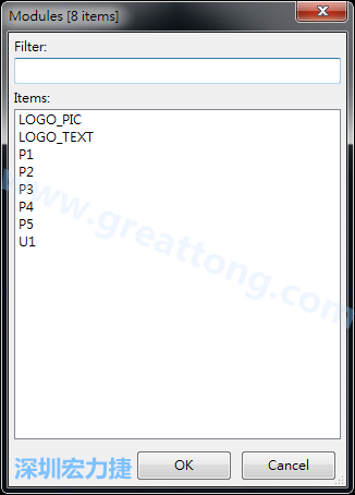 從目前正在編輯的PCB載入Module， 會(huì)顯示有那些項(xiàng)目可載入。點(diǎn)選一個(gè)， OK后即完成載入